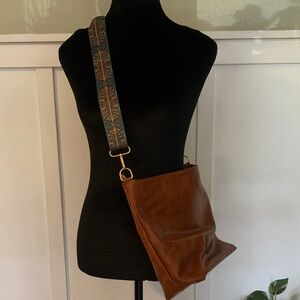 Brown Leather Crossbody Bag with Patterned Strap